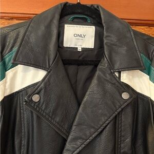 ONLY Black Leather Jacket with White and Green Accents in size EU 36 (US 4/S)